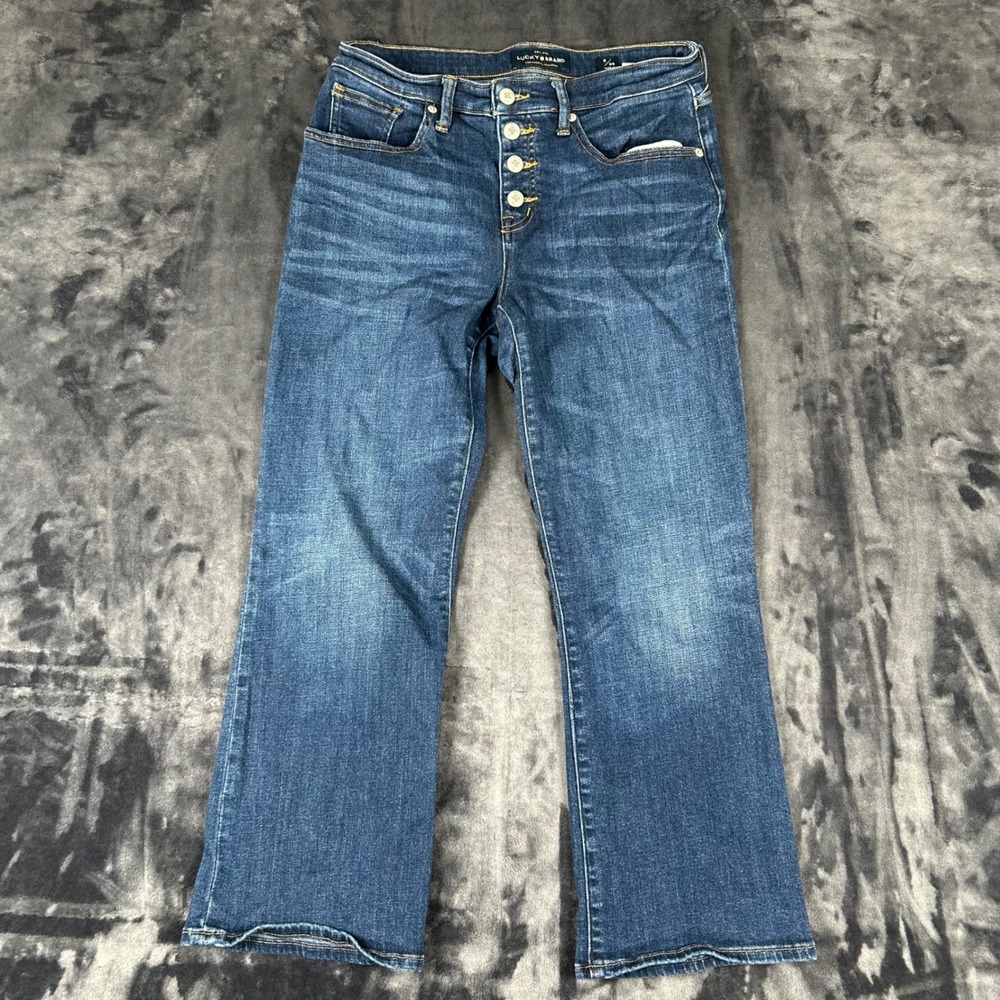Lucky Brand Ava Crop Mini Boot Jeans Womens 8/29 Blue Button Fly High Rise Denim